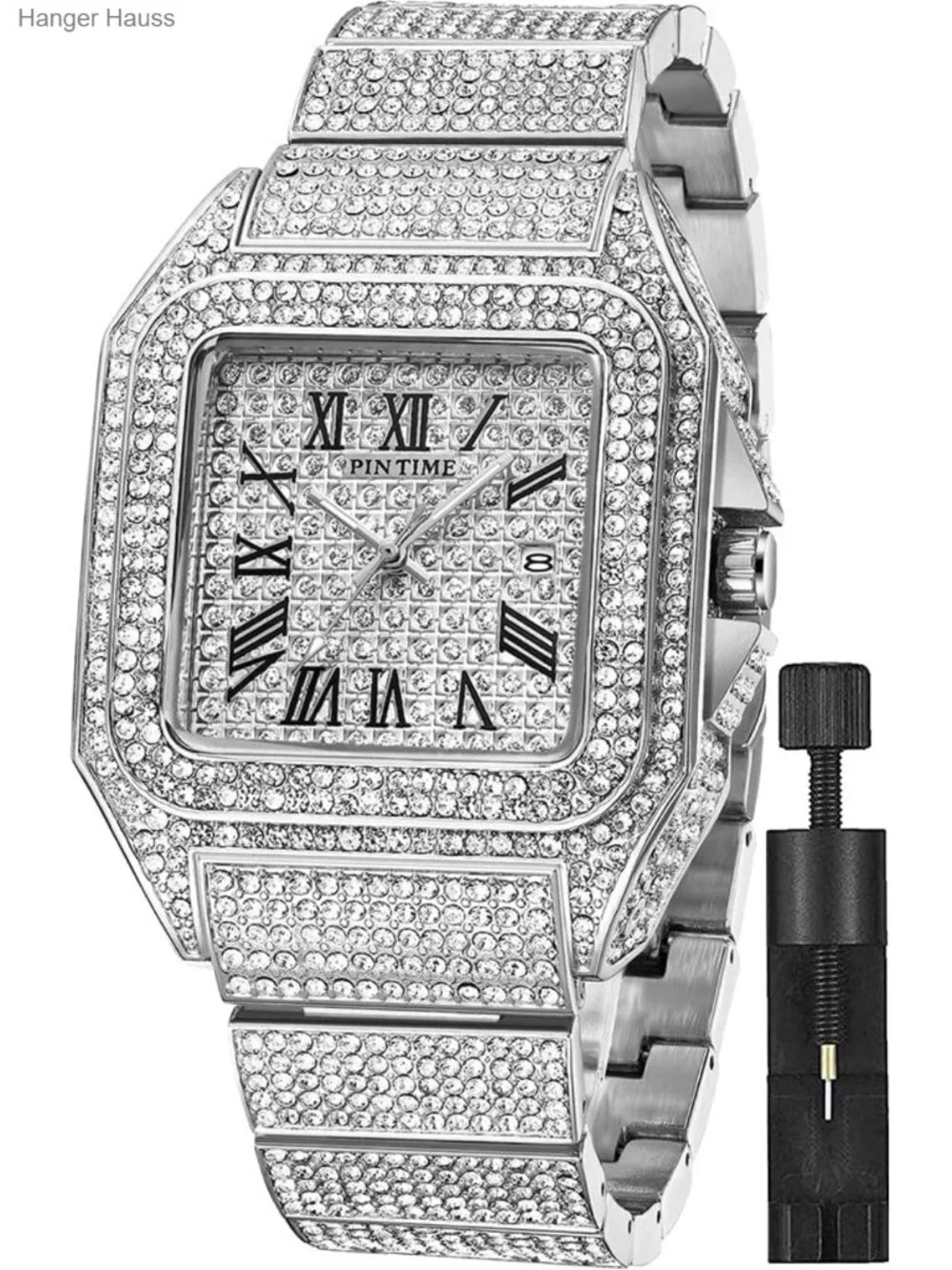 Iced Out Hip Hop Men's Crystal Watch Rectangle Case Stainless Steel Quartz